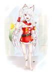 1girl barefoot christmas draw-till-death fire fujiwara_no_mokou highres long_hair red_eyes ribbon sack santa_costume solo star touhou 