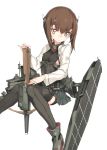  1girl anchor bike_shorts blush bow_(weapon) brown_eyes brown_hair crossbow flat_chest headband headgear kantai_collection koto_(kotocotton) personification pleated_skirt short_hair sitting skirt solo sweatdrop taihou_(kantai_collection) thighhighs weapon 