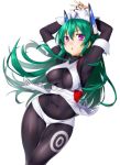  1girl armpits arms_up blush bodysuit breasts clothed_navel fingerless_gloves gloves green_hair headgear large_breasts long_hair looking_at_viewer menou_kaname onsoku_maru original robot_ears simple_background solo violet_eyes 