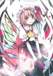  1girl ascot culter dress flandre_scarlet grin hat hat_ribbon highres laevatein looking_at_viewer mob_cap pointy_ears red_dress red_eyes ribbon shirt side_ponytail smile solo touhou wings 