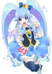  1girl absurdres black_legwear blue_dress blue_eyes blue_hair bow brooch crown cure_princess dress earrings frills hair_bow happinesscharge_precure! highres jewelry long_hair magical_girl mini_crown payot precure shirayuki_hime shoes skirt smile solo thighhighs twintails wrist_cuffs yupiteru 