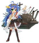  1girl ;3 ahoge bare_shoulders blue_hair boots cosplay detached_sleeves double_bun green_eyes hair_ornament hairband izumi_konata japanese_clothes kantai_collection kongou_(kantai_collection) kongou_(kantai_collection)_(cosplay) long_hair lucky_star nontraditional_miko open_mouth personification ribbon-trimmed_sleeves ribbon_trim solo thigh_boots thighhighs tyke v white_background 