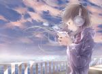  1girl headphones hoodie kagerou_project kido_tsubomi long_hair paper_cup shikinui sky solo water 