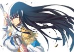  1girl black_hair blue_eyes epaulettes eyebrows hair_ornament hairclip junketsu kill_la_kill kiryuuin_satsuki long_hair nuezou serious sword weapon 