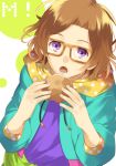  1boy brown_hair cream_puff eating food hachimine_takuma hoodie male glassesbu! open_mouth short_hair solo una violet_eyes 