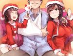  1boy 2girls black_hair blush breasts brown_hair cake closed_eyes food fork hat jonasan long_hair multiple_girls offering open_mouth original santa_costume santa_hat short_hair sling smile strawberry_shortcake thumbs_up 