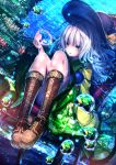  1girl boots bubble chair coral eyeball green_eyes hat highres komeiji_koishi open_mouth ryosios silver_hair sitting skirt solo third_eye touhou underwater 