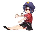  1girl beret bird_on_arm blue_hair harusame_(unmei_no_ikasumi) hat highres jiangshi miyako_yoshika ofuda open_mouth outstretched_arms red_eyes shirt short_hair simple_background sitting skirt smile solo touhou white_background zombie_pose 