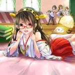  4girls bare_shoulders bespectacled black_hair brown_hair detached_sleeves glasses hairband haruna_(kantai_collection) headgear hiei_(kantai_collection) highres japanese_clothes kantai_collection kirishima_(kantai_collection) kongou_(kantai_collection) long_hair multiple_girls nontraditional_miko open_mouth personification short_hair 