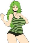  1girl ahoge breasts cleavage clenched_hand contrapposto flat_color green_hair highres large_breasts long_hair original short_shorts shorts space_jin striped tank_top textless yellow_eyes 