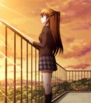  1girl amber_eyes clouds fence golden_hair highres long_hair ogiso_setsuna pleated_skirt rooftop school_uniform screencap side_view skirt sky solo stitched sunset white_album_2 