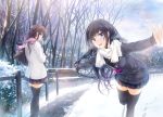  2girls :d bag black_hair black_legwear blue_eyes brown_hair fang multiple_girls open_mouth outstretched_arms scarf skirt smile snow sweater_vest thighhighs wingheart winter winter_clothes winter_uniform zettai_ryouiki 