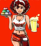  1girl afro alcohol beer beer_mug belt_pouch breasts brown_eyes brown_hair cleavage crop_top earrings employee_uniform hairband hooters jewelry mary_(pop&#039;n_music) midriff navel pop&#039;n_music red_background short_shorts shorts smile solo tank_top tray uniform yagio 