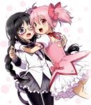  2girls akemi_homura black_hair blush braid bubble_skirt glasses gloves hairband hug kaname_madoka kl kneehighs long_hair magical_girl mahou_shoujo_madoka_magica multiple_girls open_mouth pantyhose pink_eyes pink_hair short_hair short_twintails skirt smile twin_braids twintails violet_eyes white_gloves white_legwear 