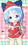  1girl akisha bag blue_eyes blue_hair bow capelet cirno fang hair_bow hat highres ice ice_wings looking_at_viewer merry_christmas open_mouth santa_costume santa_hat shirt skirt smile snowman solo touhou wings 