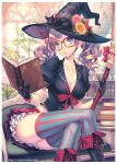 1girl black_cat black_gloves blue_eyes book boots breasts broom brown_hair cat chair cleavage glasses gloves hat legs nishimura_eri shelf socks striped striped_legwear thighhighs twintails vertical-striped_legwear vertical_stripes vial window witch_hat 