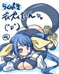  1girl ? blue_hair blush breast_press breasts dizzy guilty_gear hair_ribbon hair_rings large_breasts long_hair lying neko_yume on_stomach red_eyes ribbon solo tail tail_ribbon translation_request 