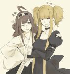  2girls ahoge aoki_hagane_no_arpeggio bare_shoulders blonde_hair brown_hair choker crossover detached_sleeves double_bun dress elbow_gloves gloves hair_ornament hairband headgear hug japanese_clothes kantai_collection kongou_(aoki_hagane_no_arpeggio) kongou_(kantai_collection) long_hair masato_(pixiv) multiple_girls nontraditional_miko personification red_eyes short_sleeves smile wink 