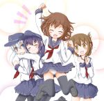  4girls ^_^ akatsuki_(kantai_collection) arm_(artist) black_legwear blue_eyes blue_hair brown_hair closed_eyes fang flipper folded_ponytail hat hibiki_(kantai_collection) hug ikazuchi_(kantai_collection) inazuma_(kantai_collection) kantai_collection loafers long_hair multiple_girls neckerchief open_mouth panties pantyhose school_uniform serafuku shoes short_hair silver_hair skirt smile tears thighhighs underwear white_panties yellow_eyes 