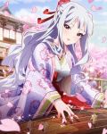  1girl artist_request idolmaster idolmaster_million_live! japanese_clothes kimono long_hair looking_at_viewer official_art petals pink_eyes shijou_takane silver_hair 