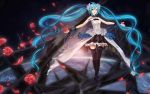  1girl 7th_dragon 7th_dragon_2020 aqua_eyes aqua_hair crossed_legs floating_hair flower hatsune_miku long_hair outstretched_arms petals rose sitting skirt solo spread_arms thighhighs twintails very_long_hair vocaloid 