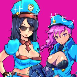  2girls alternate_costume between_breasts black_hair blue_eyes breasts caitlyn_(league_of_legends) chiyo_koharu cleavage cleavage_cutout fingerless_gloves gauntlets gloves hat highres league_of_legends long_hair looking_at_viewer midriff multiple_girls navel necktie_between_breasts pink_background pink_eyes pink_hair police police_hat police_uniform policewoman simple_background smile sunglasses translation_request uniform vi_(league_of_legends) 