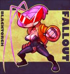  1girl antennae bared_teeth black_torch bodysuit chibi choker crotch_plate fallout_(black_torch) fingerless_gloves gloves jacket kamina_shades open_clothes open_jacket pantyhose purple_hair sarikyou solo 