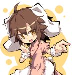  1girl :3 adapted_costume animal_ears brown_hair bunny_tail carrot china_dress chinese_clothes dress fang inaba_tewi jewelry looking_at_viewer necktie noya_makoto open_mouth pants_under_dress pendant pink_dress pointing puffy_sleeves rabbit_ears short_sleeves side_slit smile solo tail touhou wrist_cuffs yellow_eyes 