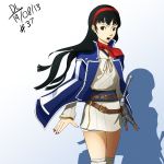  1girl amagi_yukiko black_hair cloak cosplay dated dh_(brink_of_memories) highres kneehighs long_hair nail_polish neckerchief persona persona_4 red_eyes shin_megami_tensei_iv single_glove skirt solo 