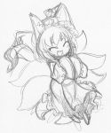  1girl ^_^ animal_ears closed_eyes fox_ears fox_tail graphite_(medium) happy multiple_tails sketch solo space_jin tail touhou traditional_media yakumo_ran younger 