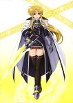  1girl absurdres bardiche black_gloves black_legwear blonde_hair cape energy_sword fate_testarossa gauntlets gloves higa_yukari highres long_hair lyrical_nanoha magic_circle mahou_senki_lyrical_nanoha_force official_art red_eyes solo sword thighhighs very_long_hair weapon zettai_ryouiki 