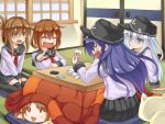  5girls ^_^ akatsuki_(kantai_collection) black_legwear blue_eyes blue_hair brown_hair card cat closed_eyes cushion error_musume fang folded_ponytail girl_holding_a_cat_(kantai_collection) hair_ornament hairclip hat hibiki_(kantai_collection) ikazuchi_(kantai_collection) inazuma_(kantai_collection) joker kantai_collection kotatsu long_hair multiple_girls musouzuki old_maid open_mouth playing_card pointing school_uniform serafuku short_hair silver_hair sitting skirt smile table tears thigh-highs triangle_mouth wariza |_| 