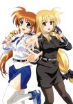  2girls absurdres artist_request bardiche blonde_hair bow brown_hair fate_testarossa hair_bow highres long_hair low-tied_long_hair lyrical_nanoha mahou_shoujo_lyrical_nanoha_strikers microphone military military_uniform multiple_girls official_art open_mouth pantyhose pencil_skirt raising_heart red_eyes scan shoes side_ponytail side_slit simple_background singing skirt smile takamachi_nanoha thigh-highs uniform very_long_hair violet_eyes white_background white_legwear zettai_ryouiki 