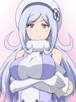  1girl aila_jyrkiainen bare_shoulders blue_eyes blush breast_hold breasts crossed_arms elbow_gloves food gloves gundam gundam_build_fighters hat kamelie large_breasts long_hair nikuman silver_hair smile solo 