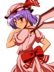  1girl bat_wings blush bow from_behind hand_on_hip hat hat_bow honda_takaharu lavender_hair looking_back red_eyes remilia_scarlet solo touhou white_background wings 