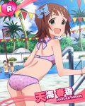  1girl 2boys amami_haruka aqua_eyes bikini brown_hair character_name hair_ornament idolmaster idolmaster_million_live! looking_at_viewer multiple_boys official_art open_mouth palm_tree pool ribbon short_hair swimsuit tree 