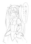  1girl blush dress fang fujikawa_daichi gloves kaname_madoka_(cosplay) mahou_shoujo_madoka_magica monochrome open_mouth ribbon sakura_kyouko sketch solo twintails 