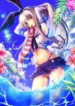  1girl anchor armpits blonde_hair blush brown_eyes elbow_gloves flower gloves hairband kantai_collection legwear_removed looking_at_viewer mouth_hold navel partially_submerged personification shimakaze_(kantai_collection) skirt solo striped striped_legwear tamarashi water white_gloves 