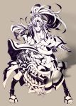  1girl baiken breasts cannon cleavage greaves guilty_gear japanese_clothes katana kimono long_hair monochrome nyt_kag one-eyed ponytail reverse_grip sandals simple_background sword toes weapon 