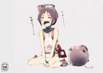  1girl black_hair diving_mask goggles goggles_on_head kantai_collection maru-yu_(kantai_collection) open_mouth personification ryusui school_swimsuit short_hair solo swimsuit tears white_school_swimsuit white_swimsuit 