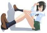  1girl black_hair bow_choker brown_eyes choker feet_on_wall foreshortening from_side girls_und_panzer green_skirt hair_between_eyes hand_on_head hand_on_knee highres kawashima_momo kurai_hisashi legs loafers long_sleeves looking_back monocle pleated_skirt school_uniform shadow shoes short_hair simple_background sitting skirt socks solo thighs untucked_shirt white_background 