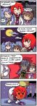  4koma brown_hair comic drum finnish flower flower_on_head full_moon grin hairband horikawa_raiko instrument jacket lavender_eyes lavender_hair moon neck_ribbon necktie plaid plaid_shirt pun red_eyes redhead ribbon setz shirt smile taiko_no_tatsujin touhou transformation translated tsukumo_benben tsukumo_yatsuhashi white_jacket 