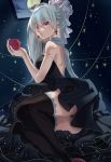  1girl absurdres aer_(tengqiu) ahoge alternate_hairstyle apple black_dress black_legwear cross dress eyelashes food fruit highres long_hair moon red_eyes scarf silver_hair solo star thighhighs vocaloid voyakiloid yowane_haku zettai_ryouiki 