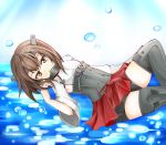  1girl bike_shorts blush brown_eyes brown_hair flat_chest headband headgear highres kantai_collection looking_at_viewer lying mesoso on_back open_mouth personification short_hair skirt solo taihou_(kantai_collection) thighhighs water 