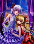  2girls :d alternate_costume bangs bare_back bat_wings blush butterfly_hair_ornament curtains dress elbow_gloves evening eyeshadow fangs flandre_scarlet formal gloves hair_ornament hair_ribbon hand_on_another&#039;s_head holding_hands interlocked_fingers lipstick long_hair looking_at_viewer makeup multiple_girls no_hat oil_painting_(medium) open_mouth parted_lips purple_dress red_dress red_eyes remilia_scarlet ribbon short_hair siblings side_ponytail signature sisters sky sleeveless sleeveless_dress smile tafuto touhou twilight vampire violet_eyes window wings 