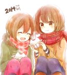  2girls ^_^ blush brown_eyes brown_hair closed_eyes eating jacket long_hair multiple_girls open_mouth original pants pantyhose rirako scarf short_hair smile 