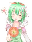  1girl chikuwa_savi closed_eyes flower green_hair hair_ribbon heart kohaku_(rune_factory) open_mouth ribbon rune_factory rune_factory_4 short_hair solo 