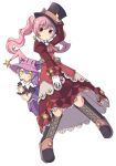  2girls belt boots cross dolce_(rune_factory) dress earrings gloves green_eyes hat jewelry jito long_hair multiple_girls pico_(rune_factory) pink_hair purple_hair red_eyes rune_factory rune_factory_4 top_hat twintails white_gloves 