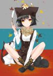  1girl animal_hat animal_on_head black_hair boots cat cat_hat cat_on_head cat_teaser dress hat indian_style juna original scarf short_hair sitting smile solo yellow_eyes 
