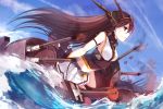  1girl airplane bai_kongque bare_shoulders battleship blue_sky brown_hair cannon clouds fingerless_gloves frown gloves headgear headpiece kantai_collection long_hair nagato_(kantai_collection) ocean personification profile red_eyes skirt sky smoke solo thighhighs very_long_hair wind 